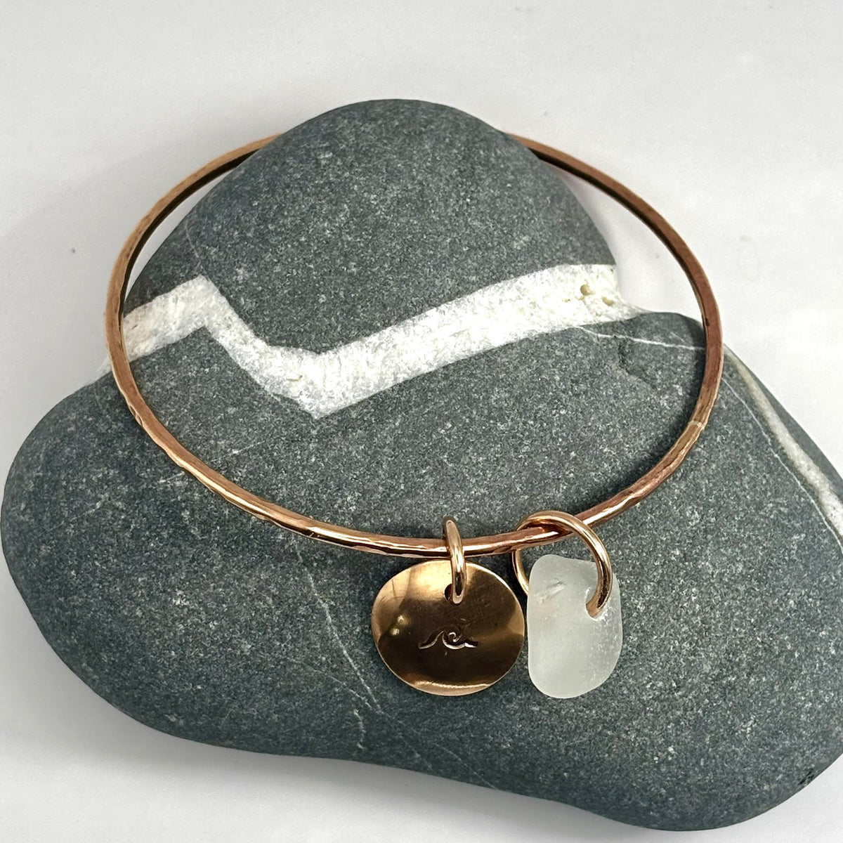 Hammered bronze sea glass charm bangle