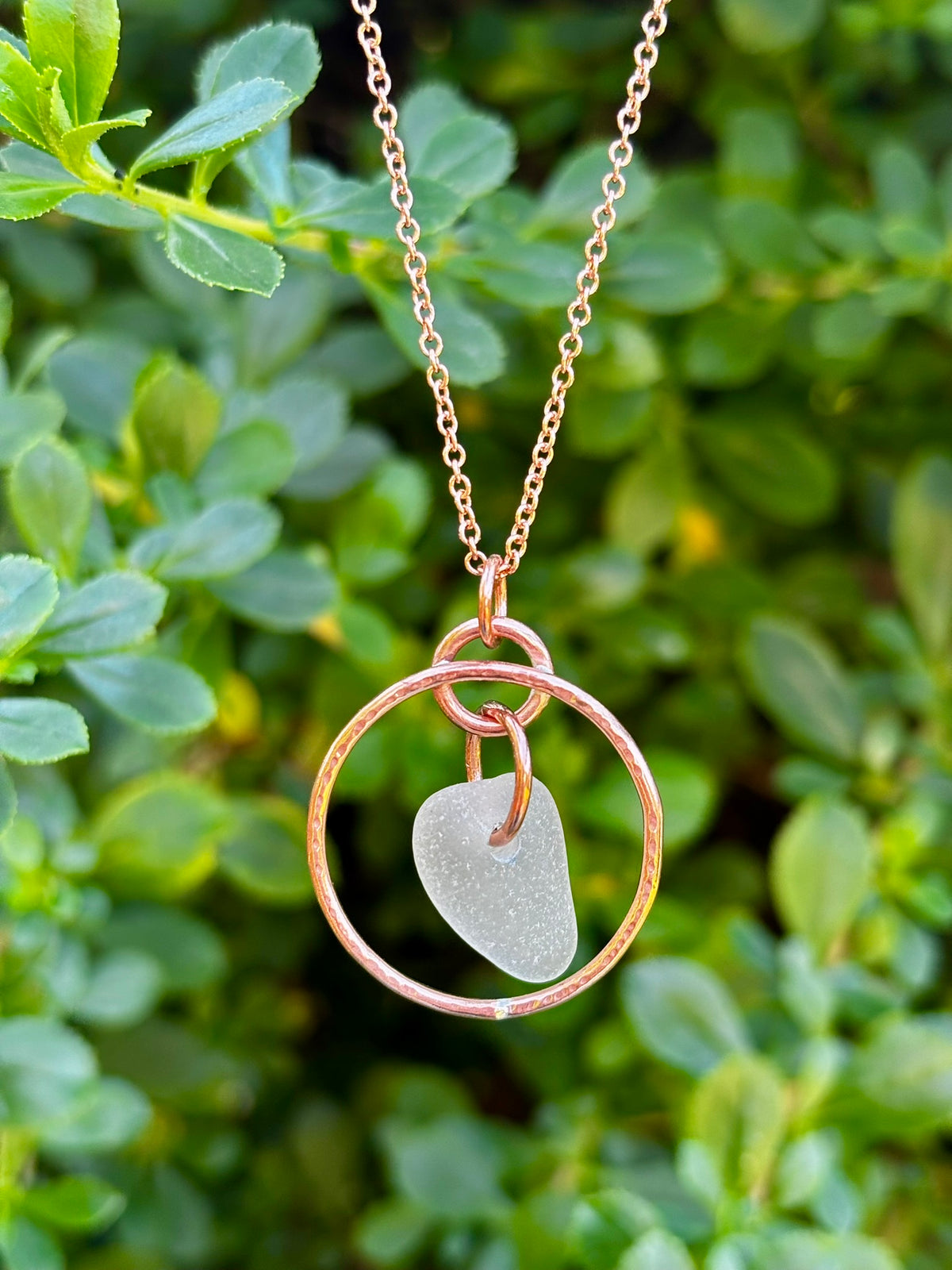 Hammered copper hoop and sea glass necklace