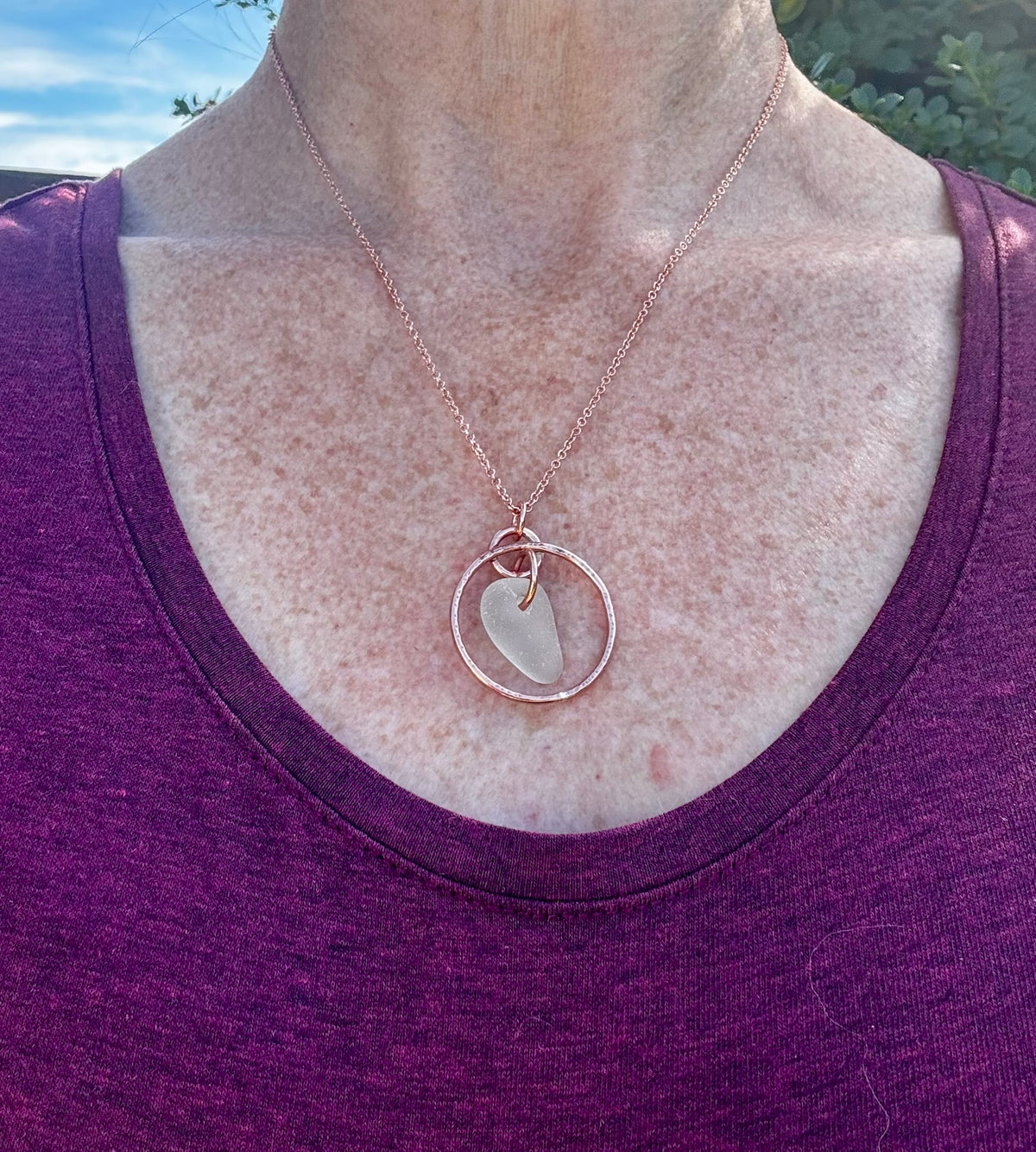Hammered copper hoop and sea glass necklace