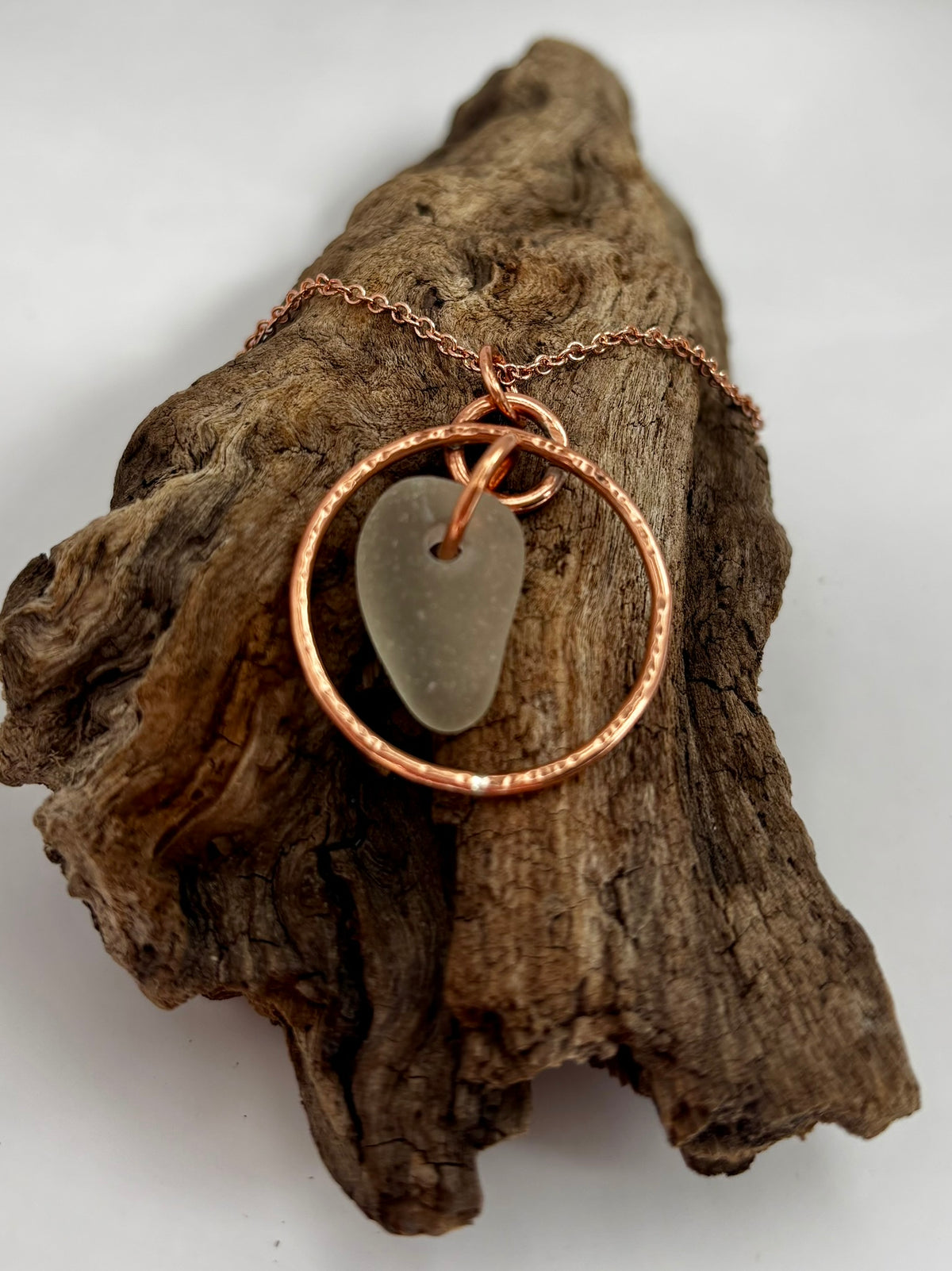 Hammered copper hoop and sea glass necklace