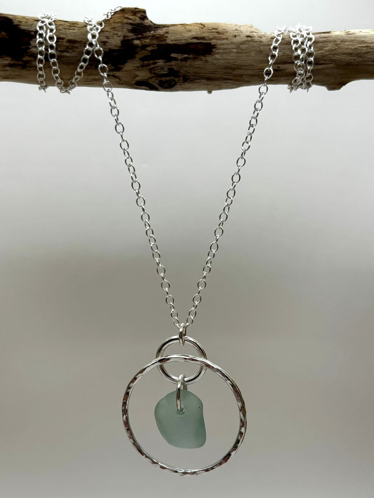 Hammered silver hoop and sea glass necklace
