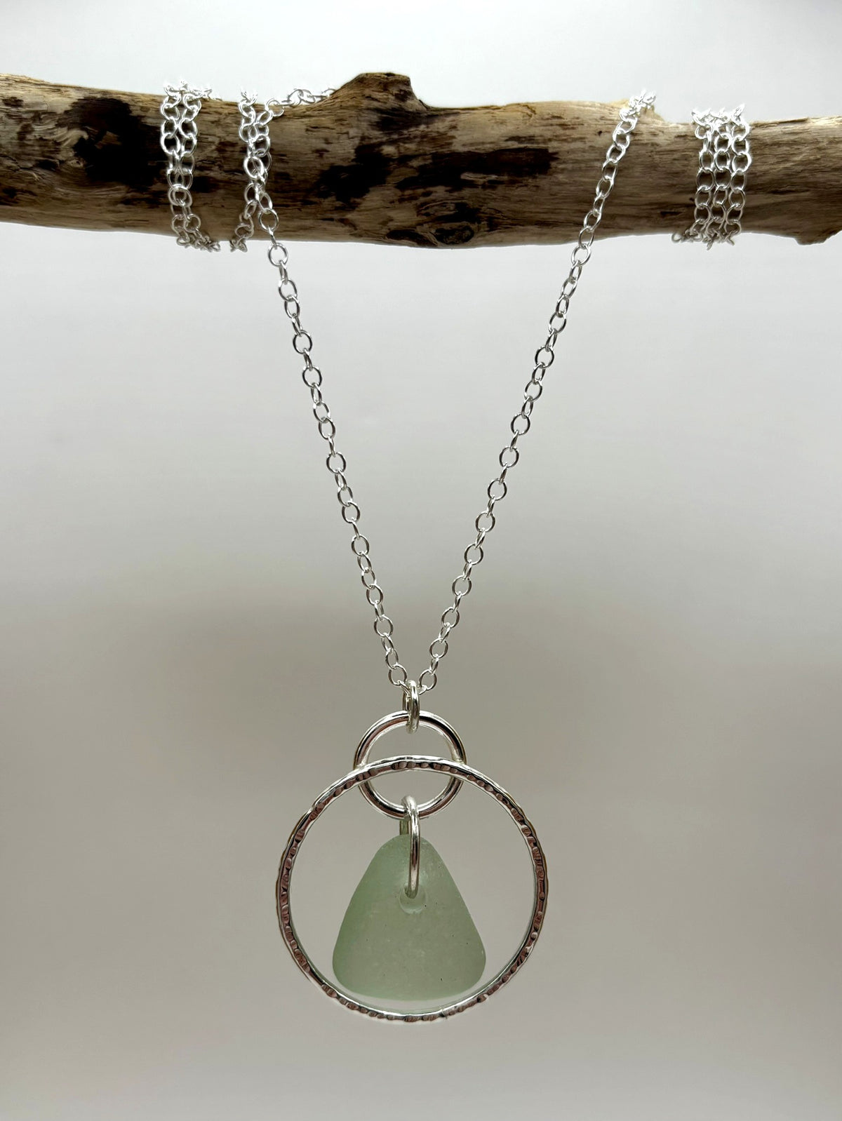 Hammered silver hoop and sea glass necklace