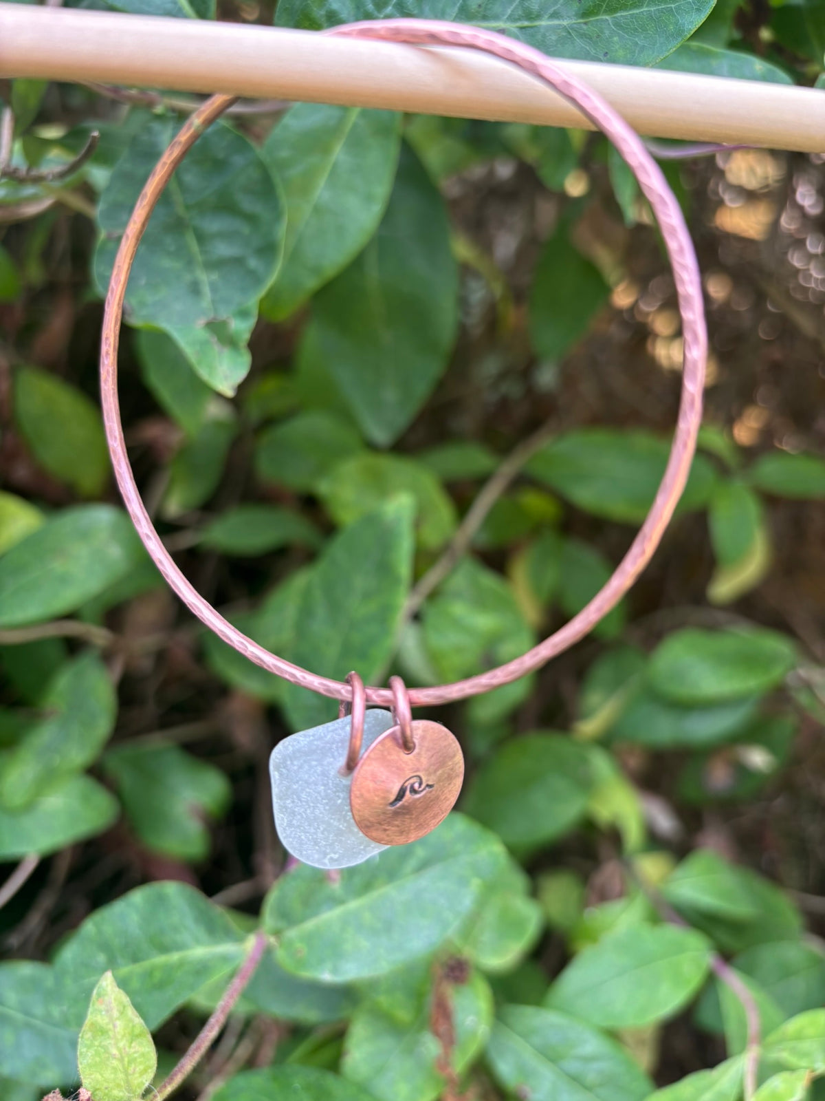 Hammered copper sea glass charm bangle