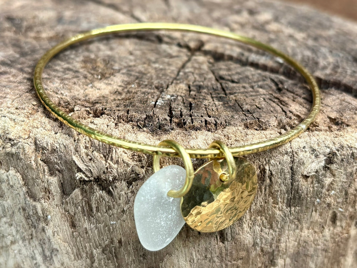 Hammered brass sea glass charm bangle