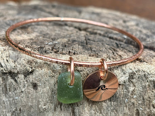 Hammered copper sea glass charm bangle