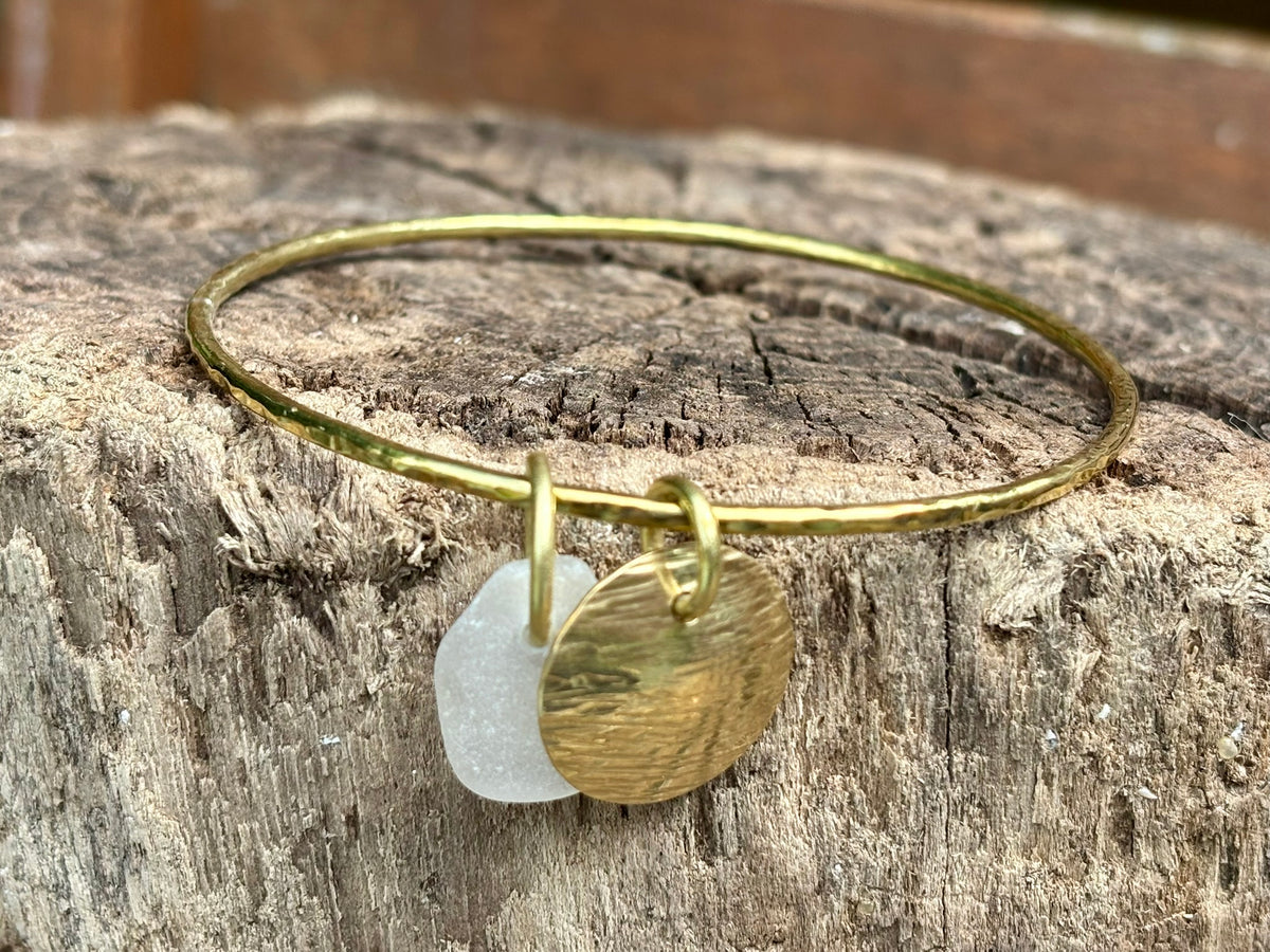 Hammered brass sea glass charm bangle
