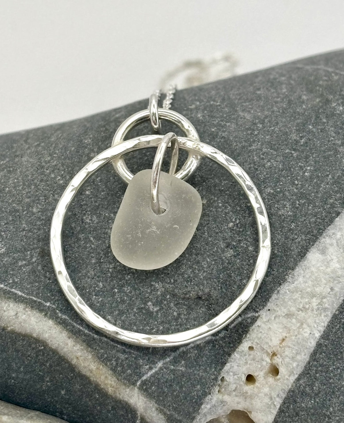 Hammered silver hoop and sea glass necklace