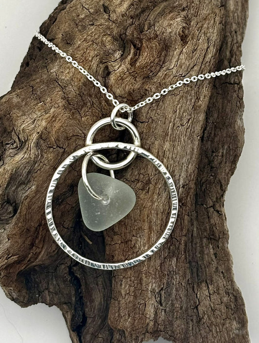 Hammered silver hoop and sea glass necklace