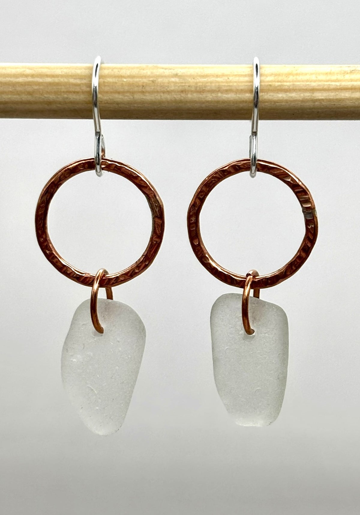 Hammered copper hoop and sea glass earrings
