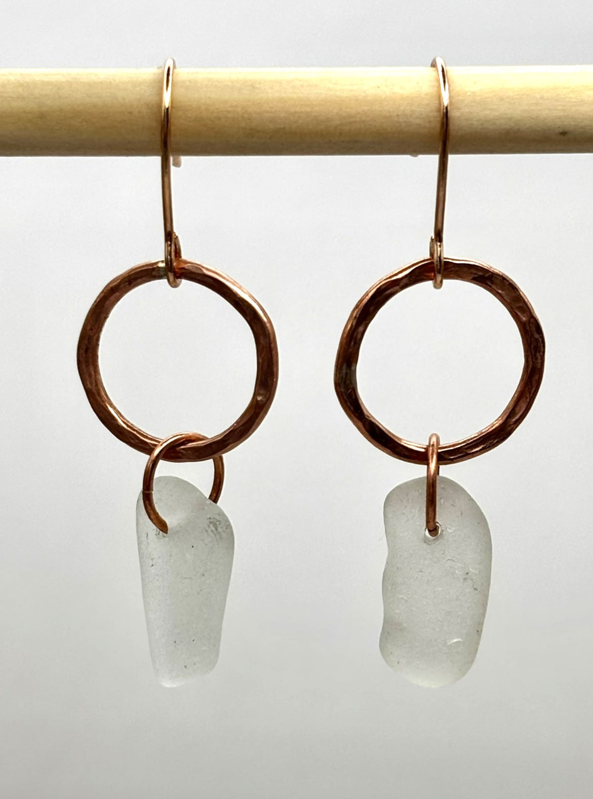 Hammered copper hoop and sea glass earrings