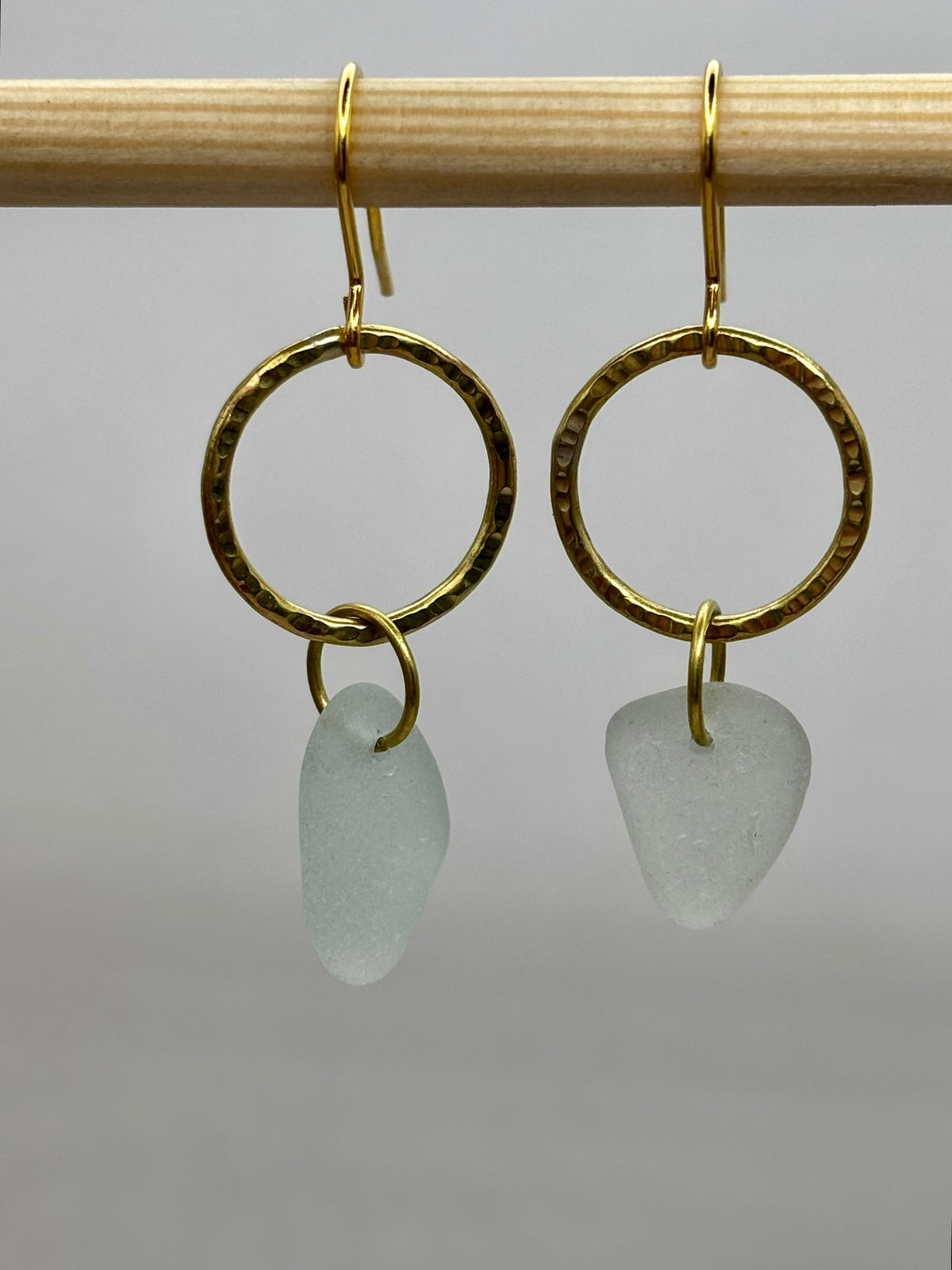 Hammered brass hoop and sea glass earrings