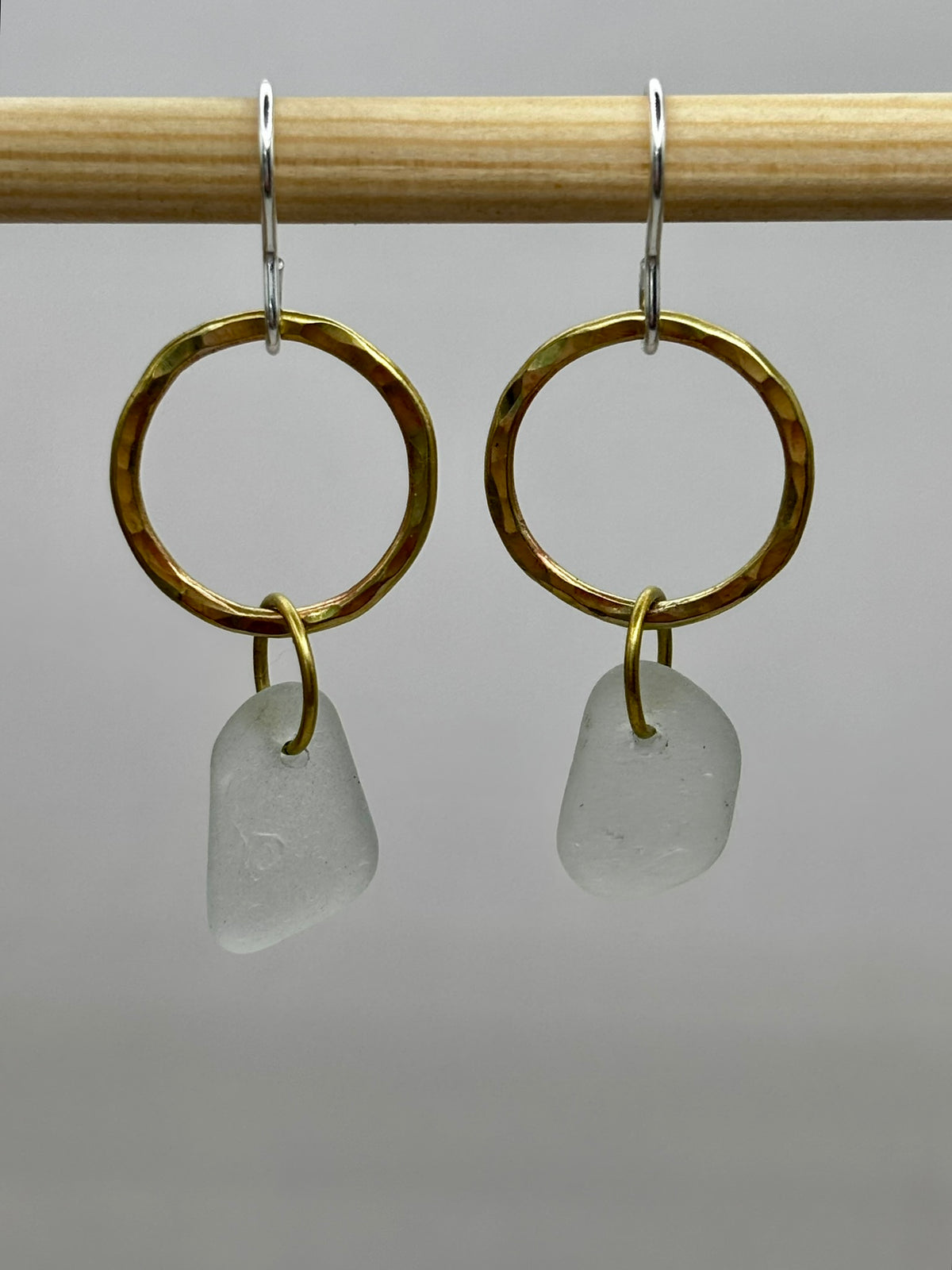 Hammered brass hoop and sea glass earrings