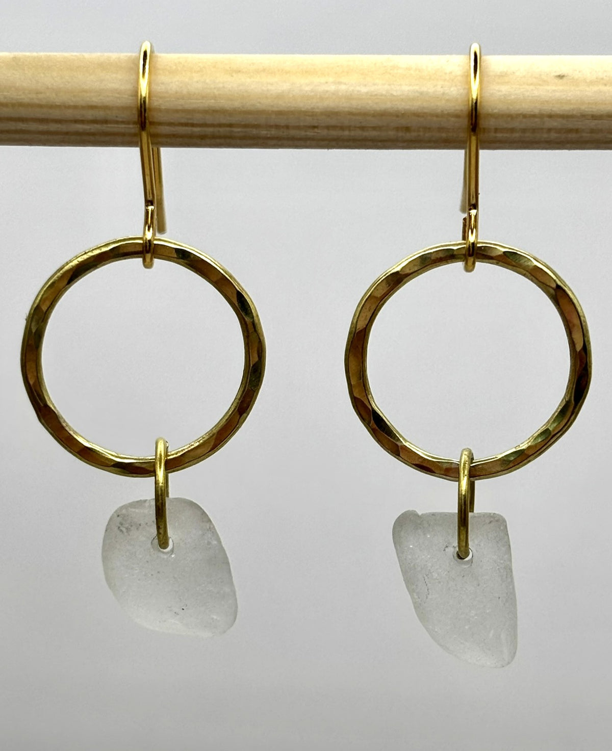 Hammered brass hoop and sea glass earrings