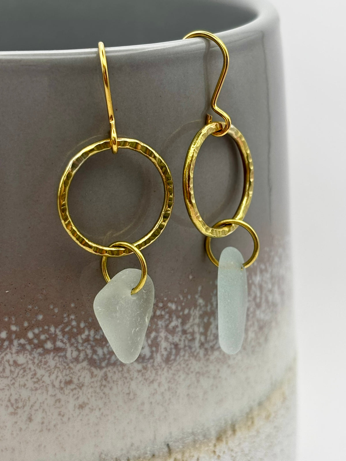 Hammered brass hoop and sea glass earrings