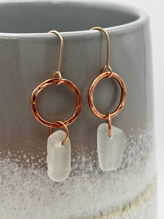 Hammered copper hoop and sea glass earrings