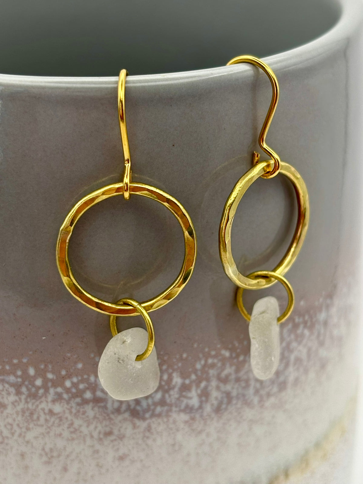 Hammered brass hoop and sea glass earrings