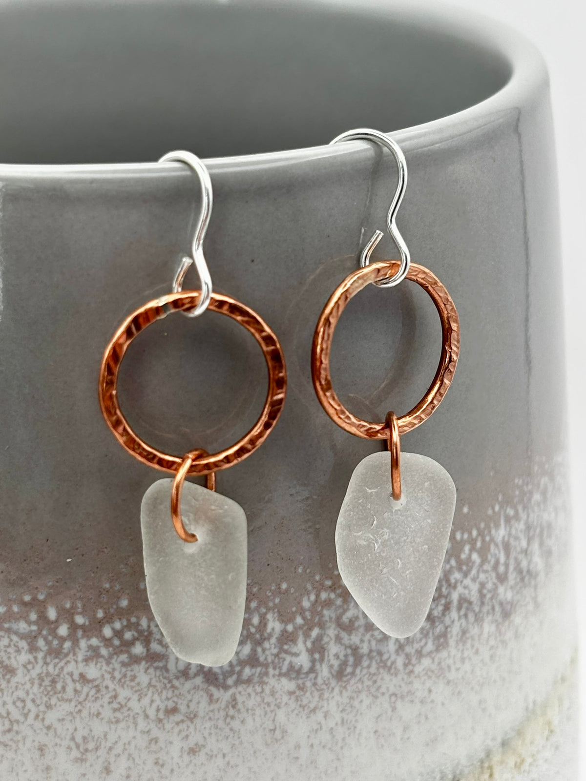 Hammered copper hoop and sea glass earrings