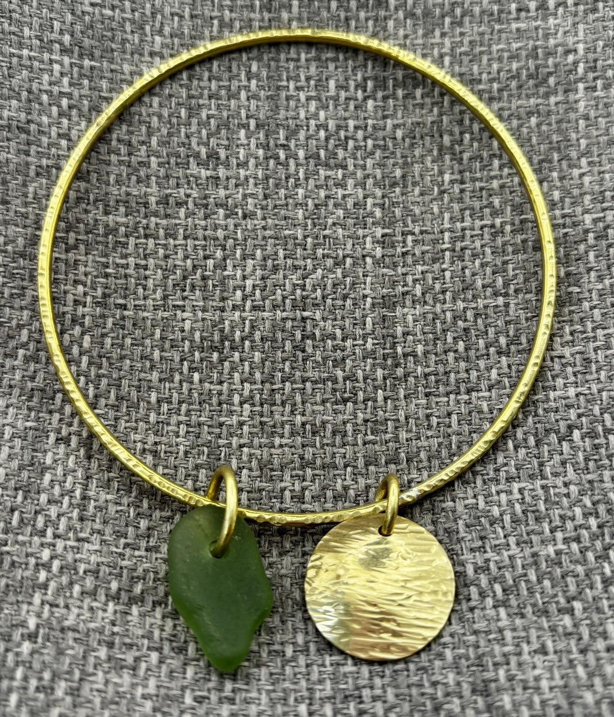 Hammered brass sea glass charm bangle