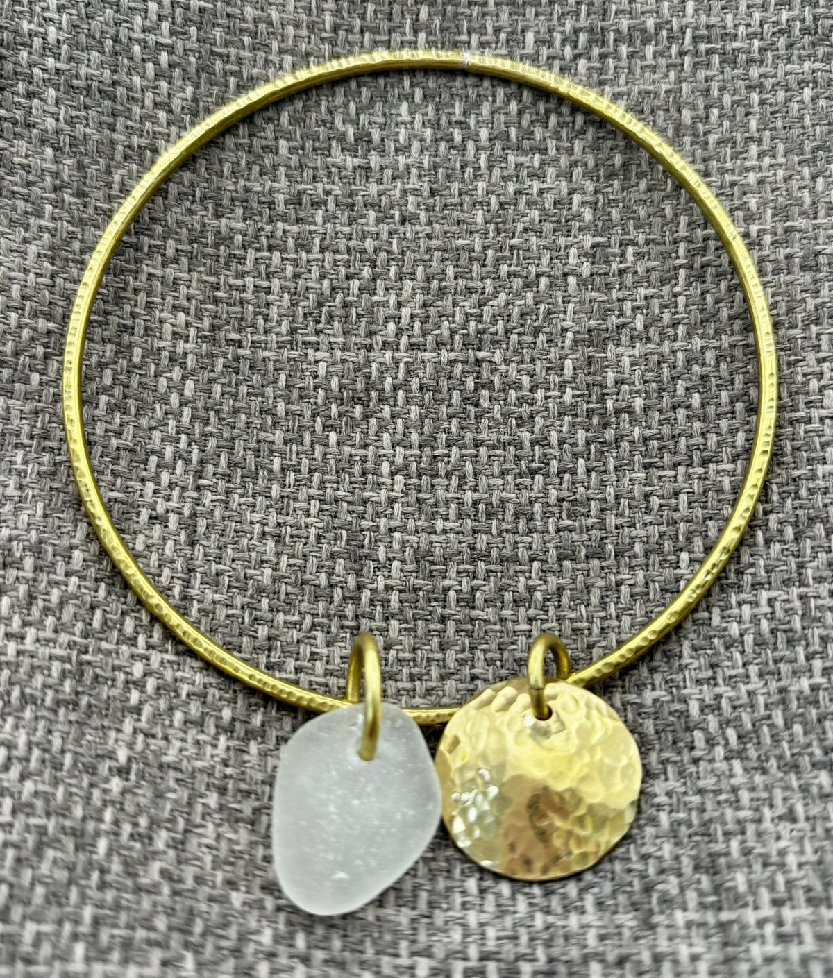 Hammered brass sea glass charm bangle