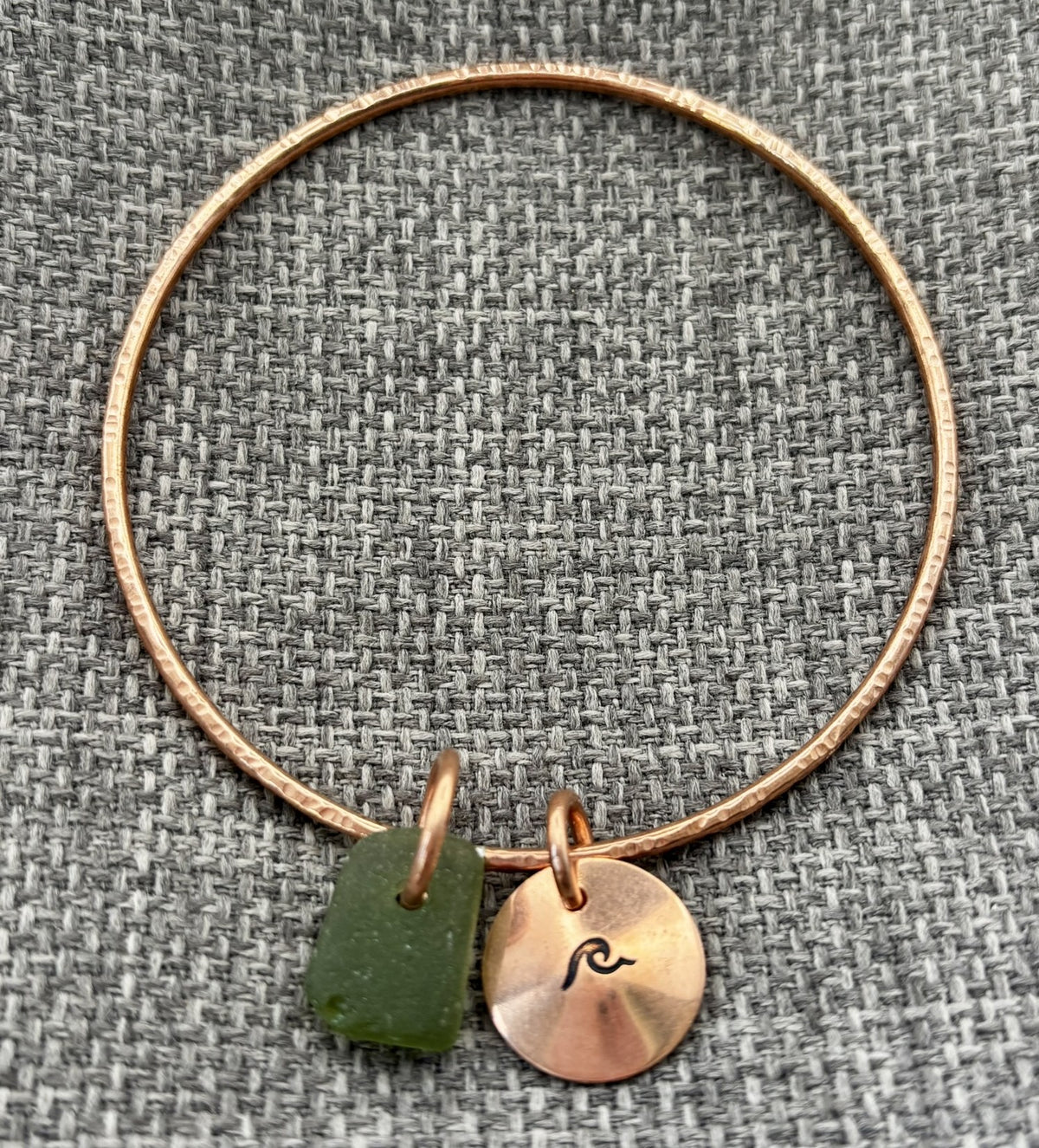 Hammered copper sea glass charm bangle
