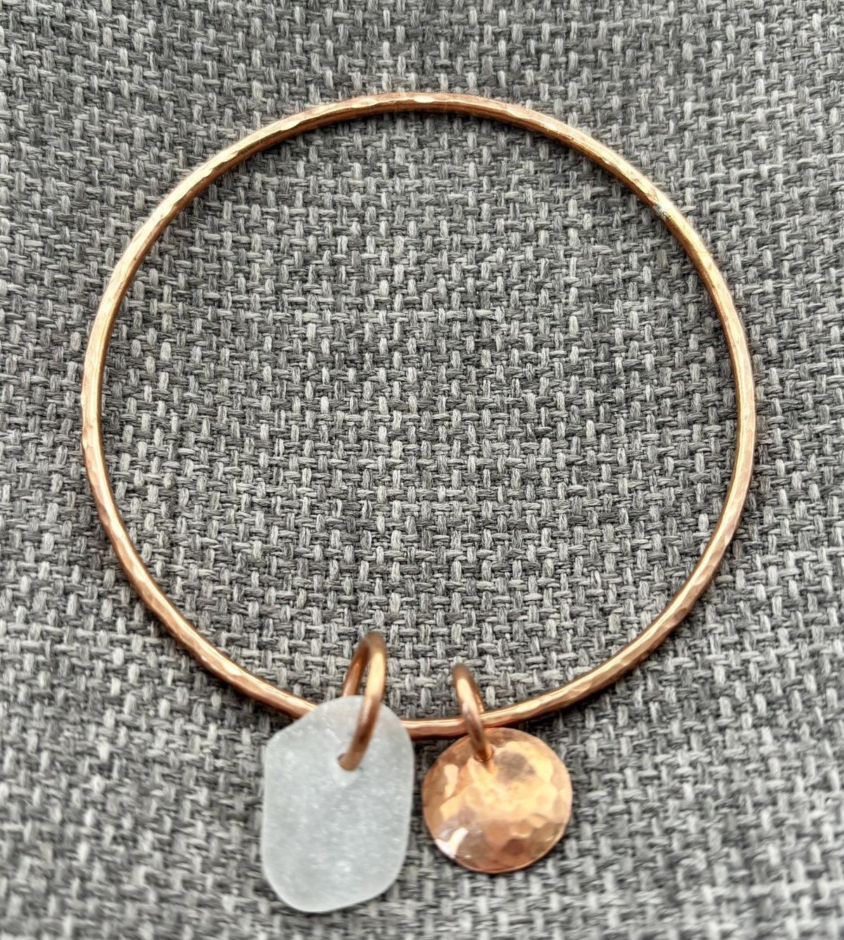 Hammered copper sea glass charm bangle