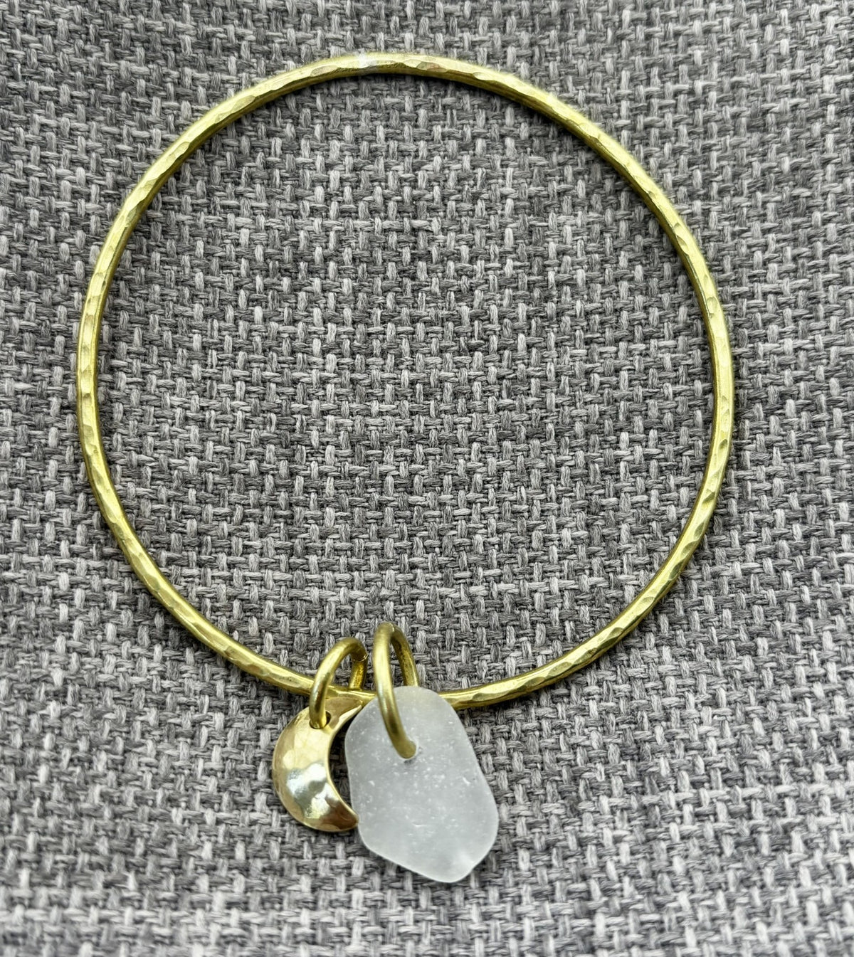 Hammered brass sea glass charm bangle