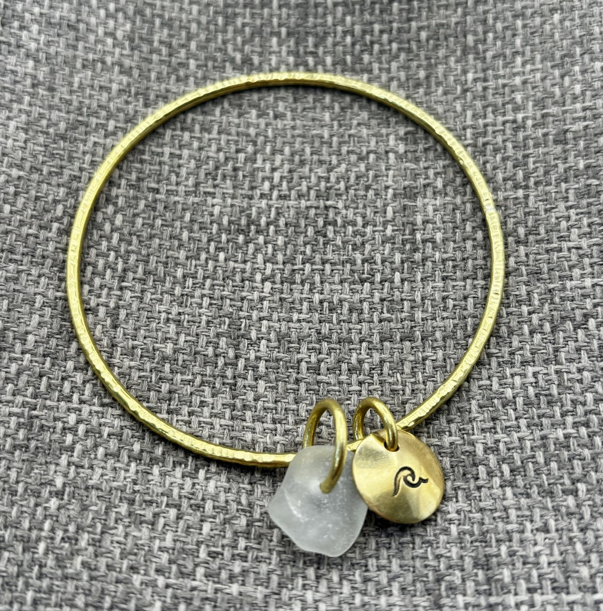 Hammered brass sea glass charm bangle