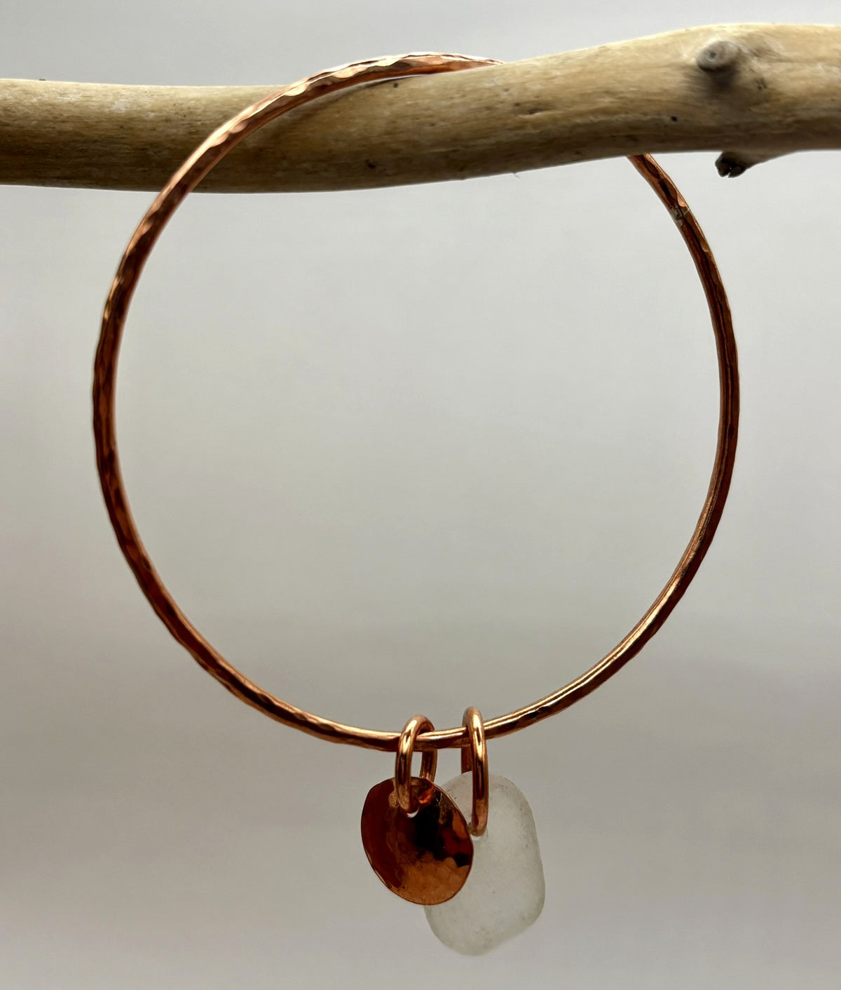 Hammered copper sea glass charm bangle