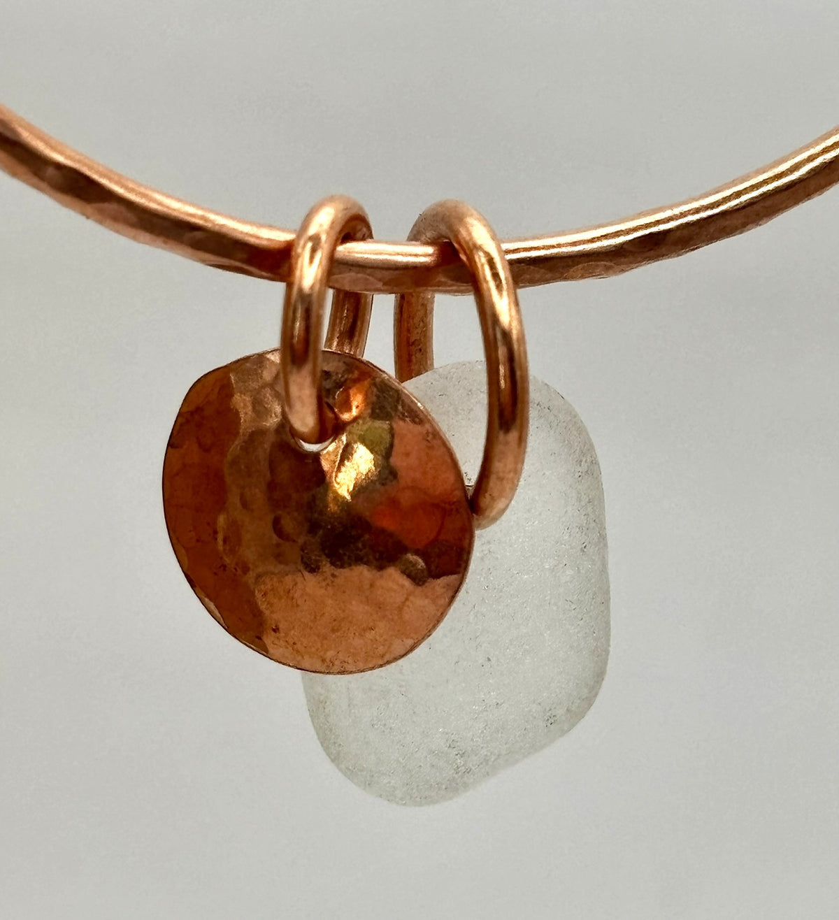 Hammered copper sea glass charm bangle