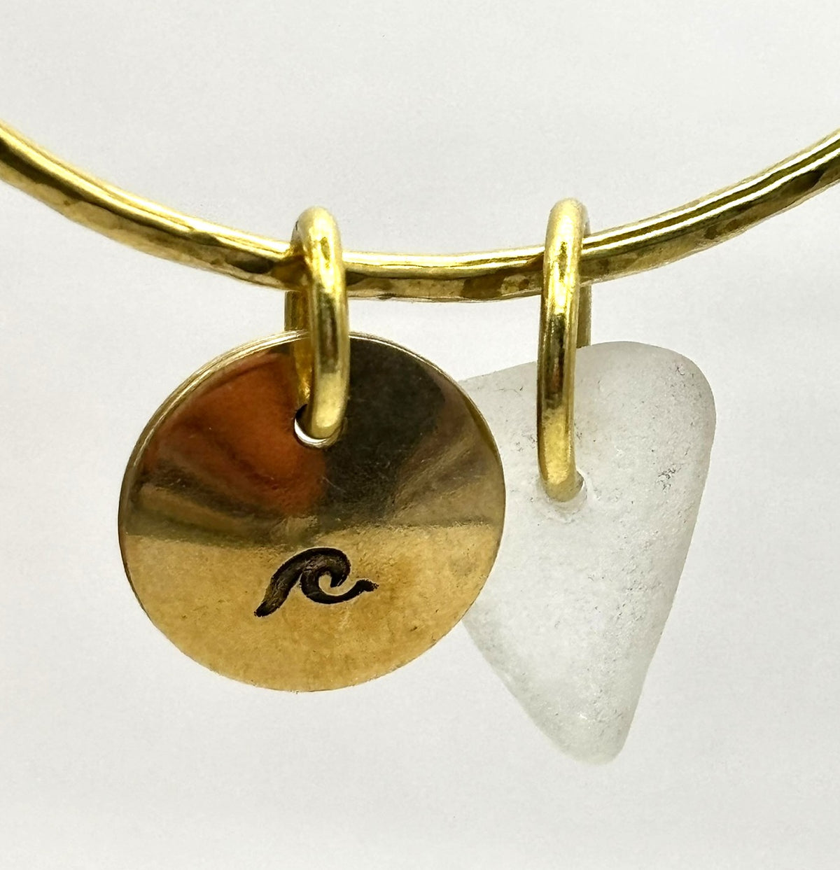 Hammered brass sea glass charm bangle
