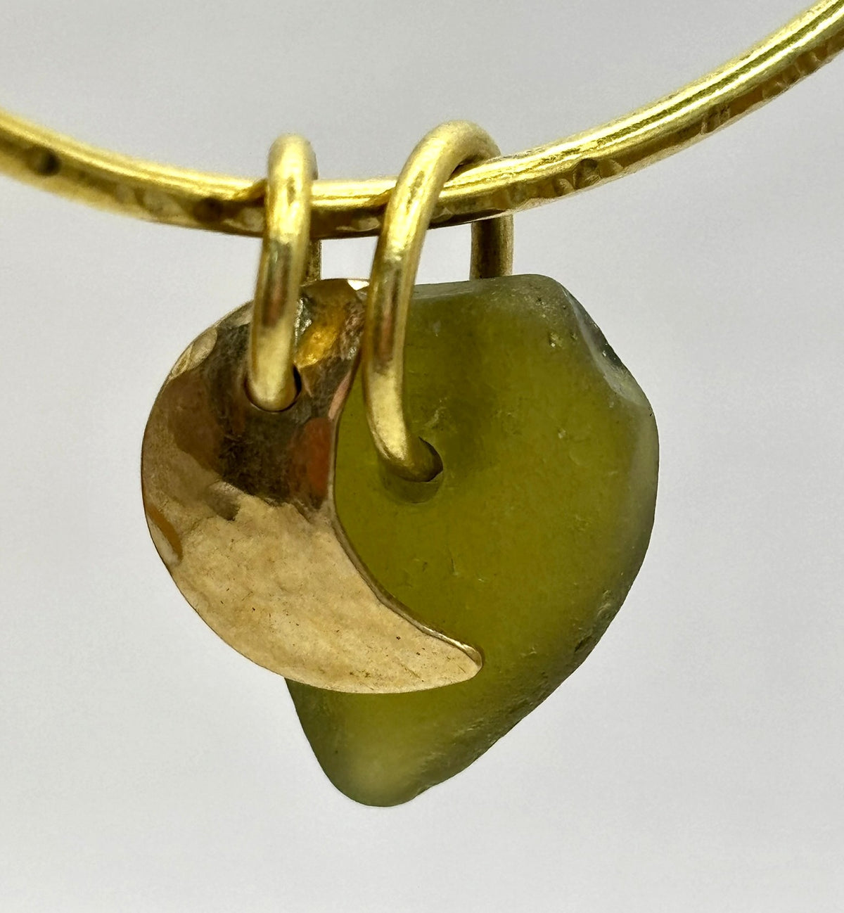 Hammered brass sea glass charm bangle