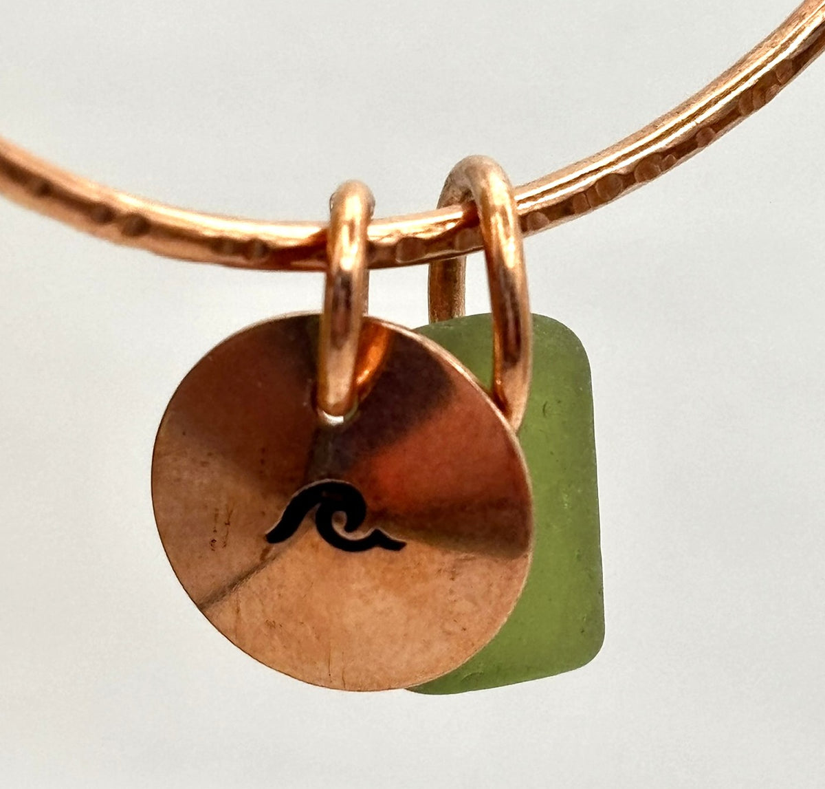 Hammered copper sea glass charm bangle