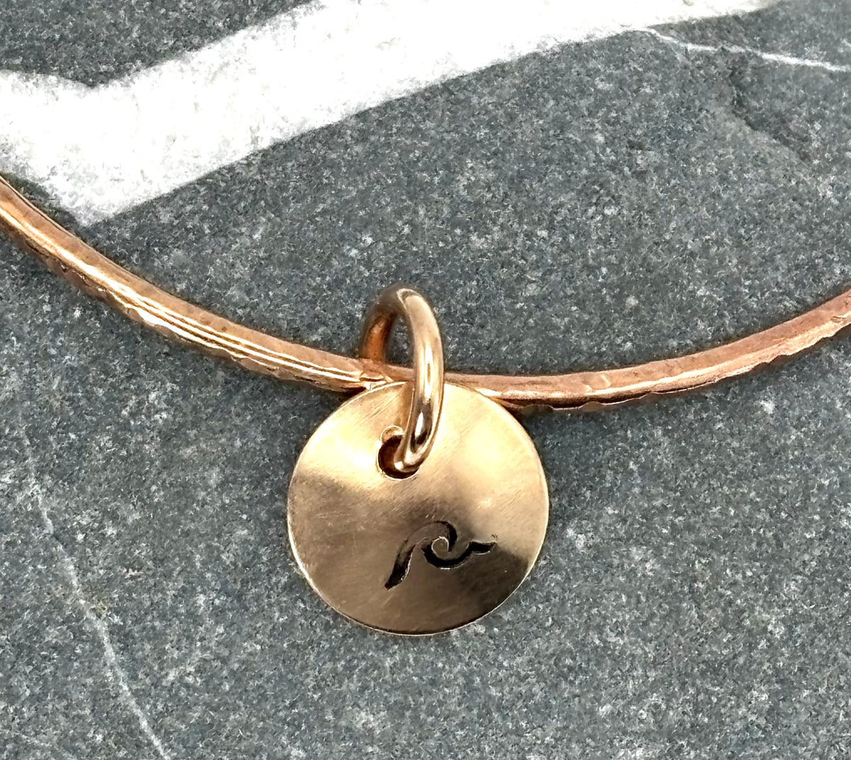 Hammered bronze sea glass charm bangle
