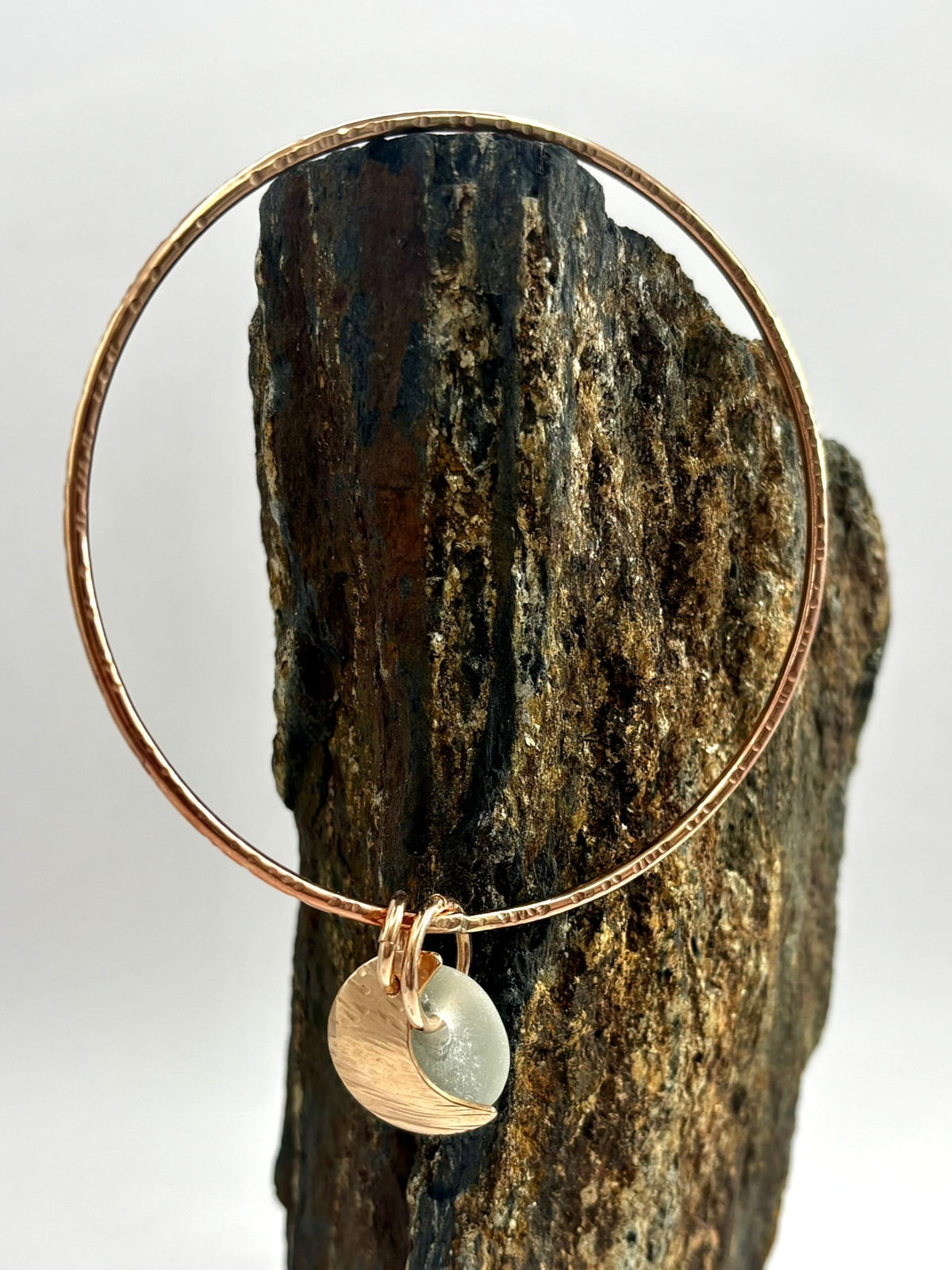 Hammered bronze sea glass charm bangle