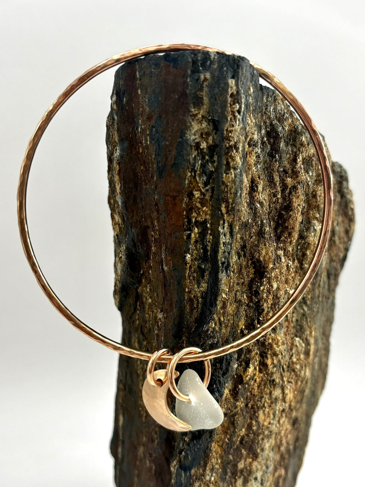 Hammered bronze sea glass charm bangle