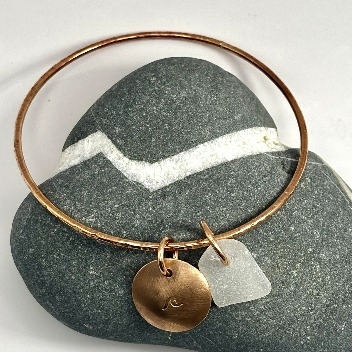 Hammered bronze sea glass charm bangle