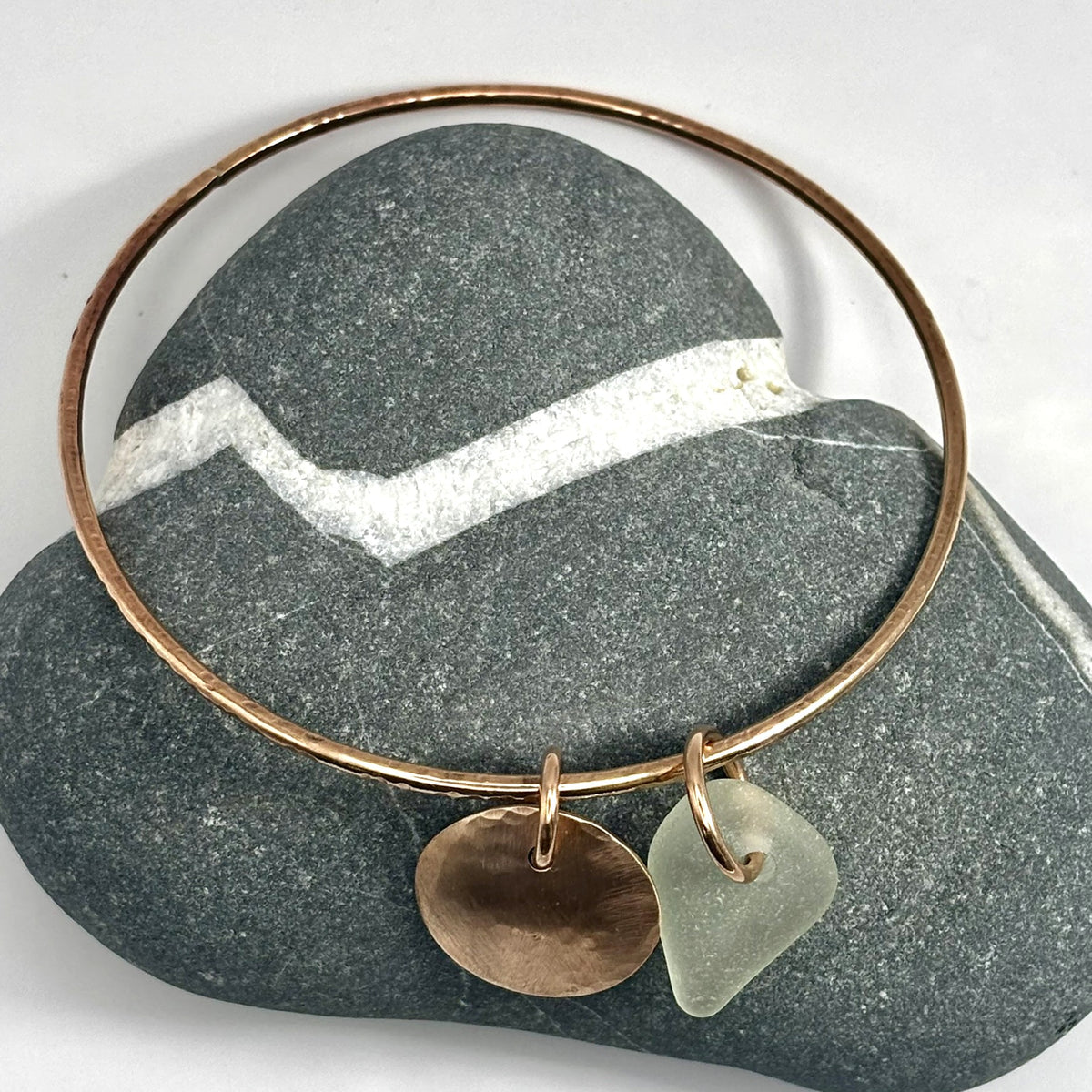 Hammered bronze sea glass charm bangle