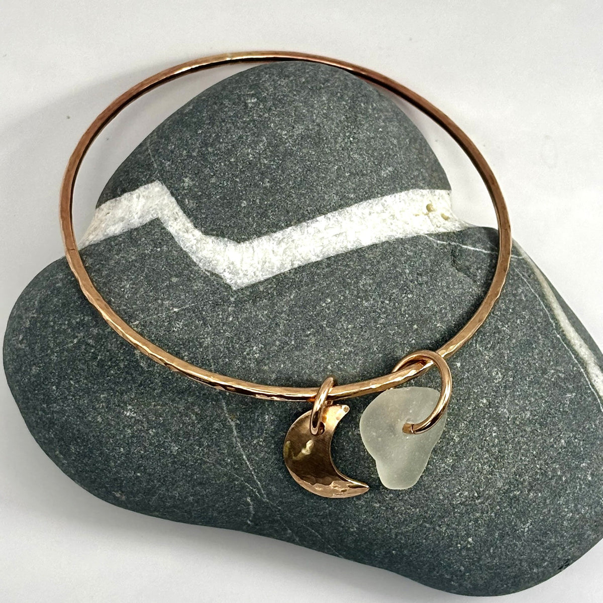 Hammered bronze sea glass charm bangle