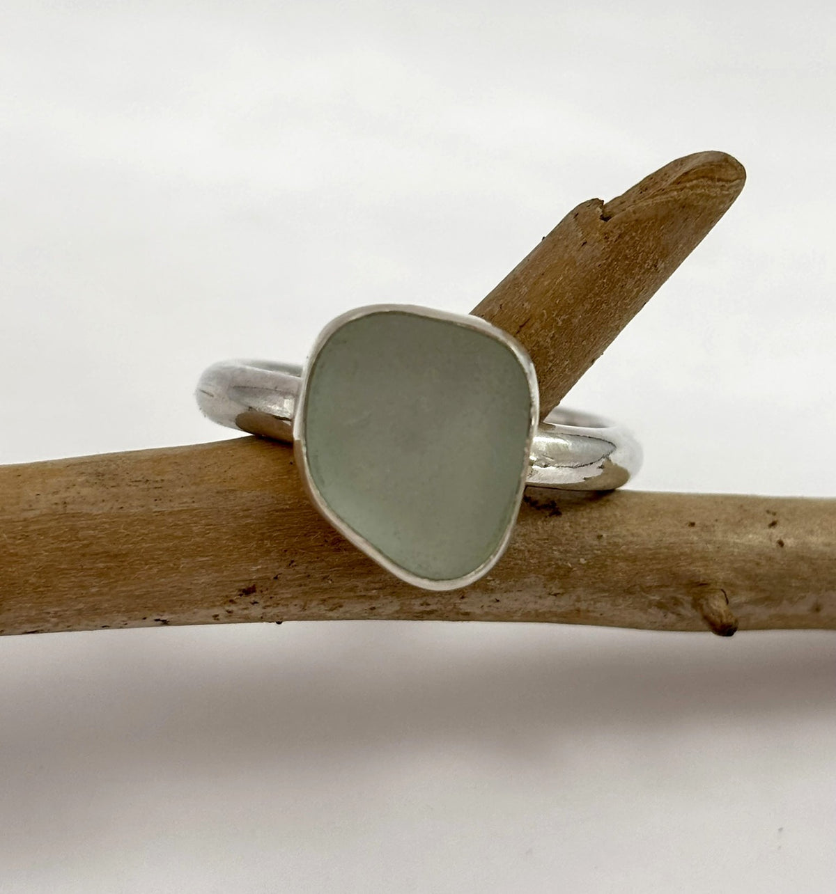 Pale Seafoam Sea Glass Silver Ring, UK Size N/O