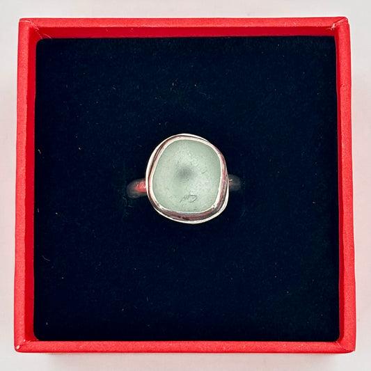 Pale Seafoam Sea Glass Silver Ring, UK Size M/N