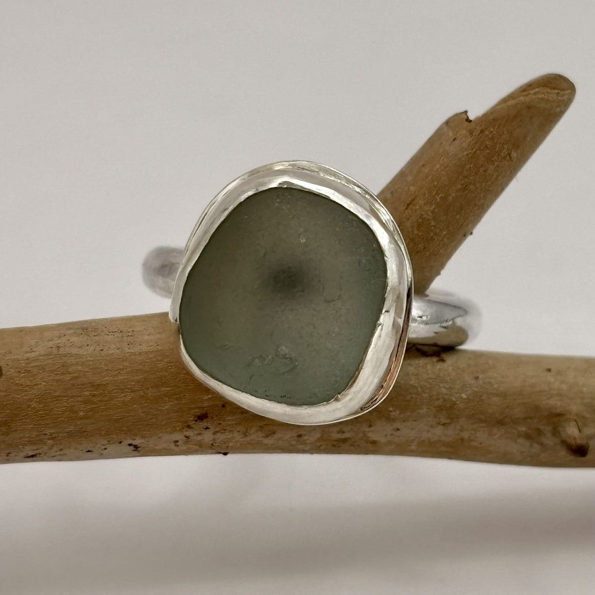 Pale Seafoam Sea Glass Silver Ring, UK Size M/N
