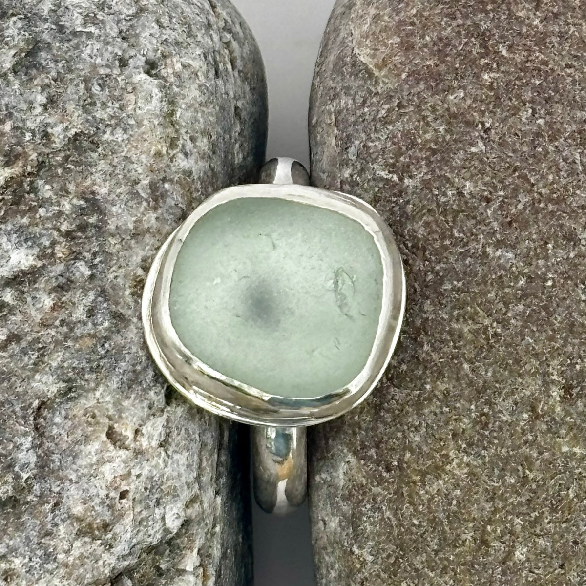 Pale Seafoam Sea Glass Silver Ring, UK Size M/N