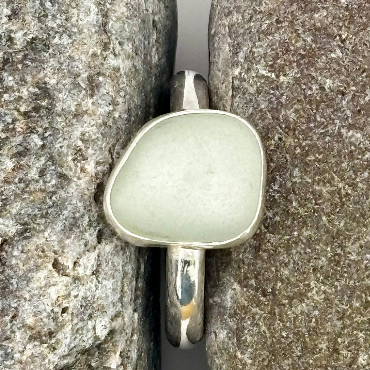 Pale Seafoam Sea Glass Silver Ring, UK Size N/O