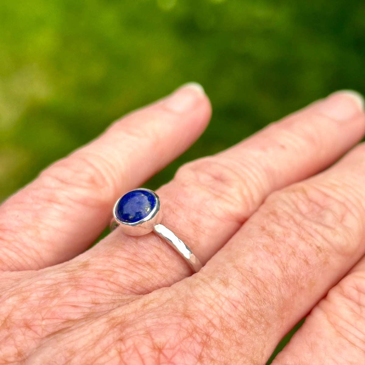 Lapis Lazuli Hammered Silver Ring, UK Size P (September birthstone)