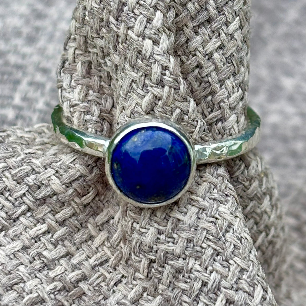 Lapis Lazuli Hammered Silver Ring, UK Size P (September birthstone)