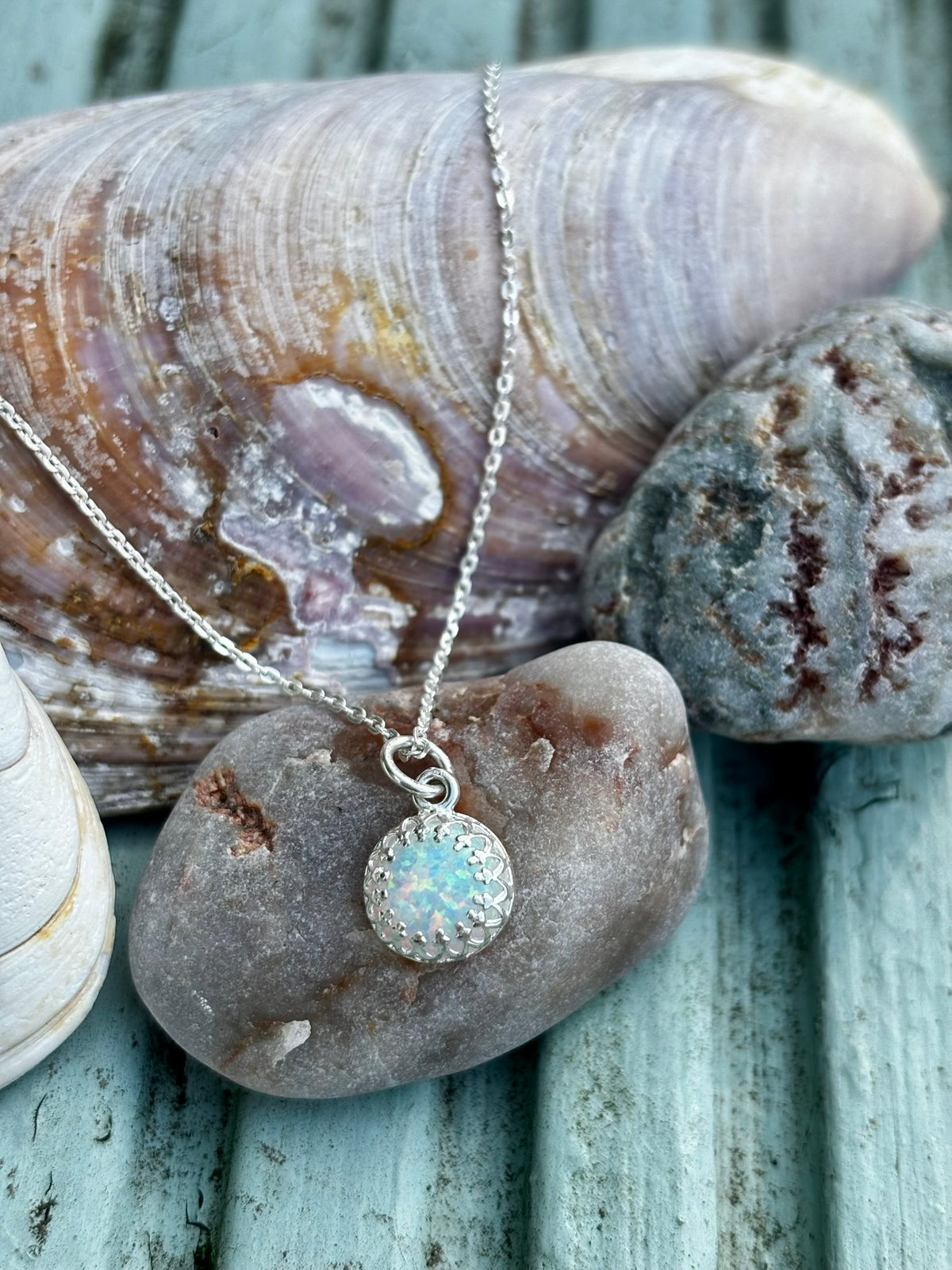 White Opal and Silver Necklace (October birthstone)
