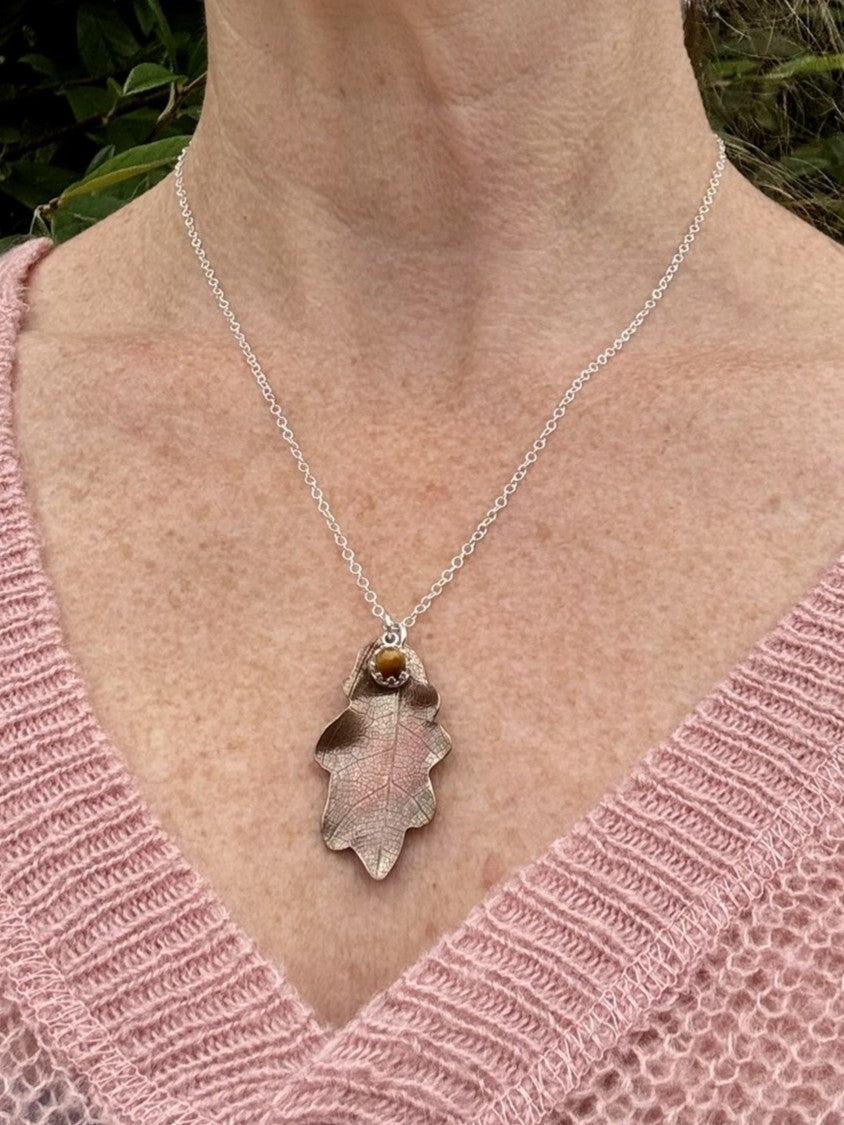 Copper Oak Leaf & Gemstone Acorn Necklace – wear 3 ways