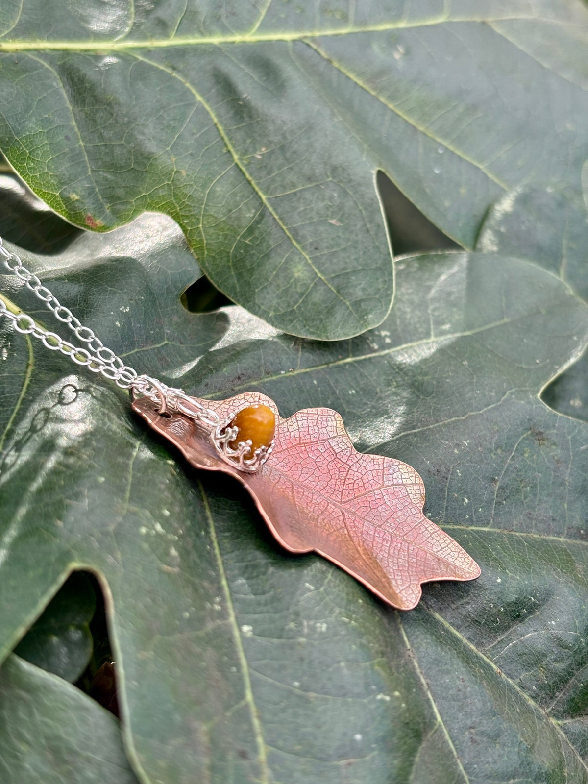 Copper Oak Leaf & Gemstone Acorn Necklace – wear 3 ways