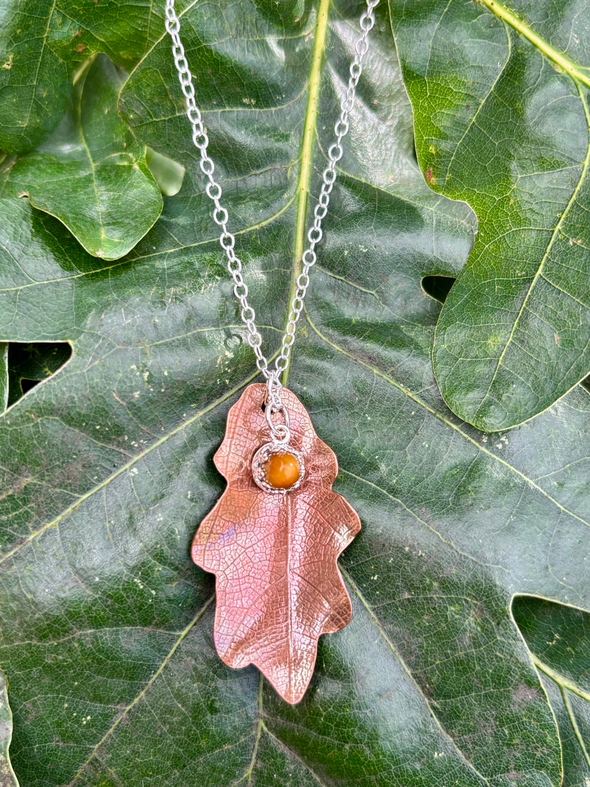 Copper Oak Leaf & Gemstone Acorn Necklace – wear 3 ways