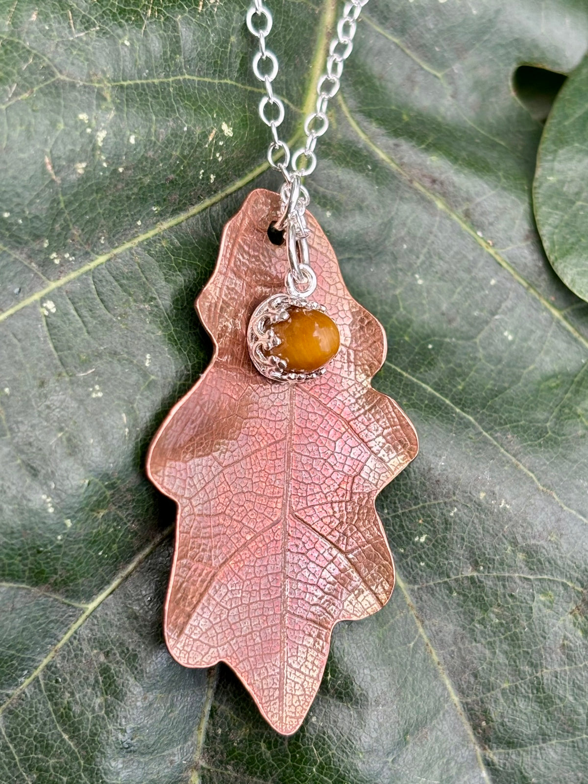 Copper Oak Leaf & Gemstone Acorn Necklace – wear 3 ways